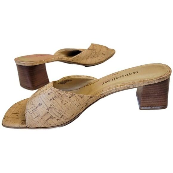 Naturalizer sz 6 1/2 M Slip On Sandals cork chunky heel tan open toe beige S37 - Picture 8 of 11